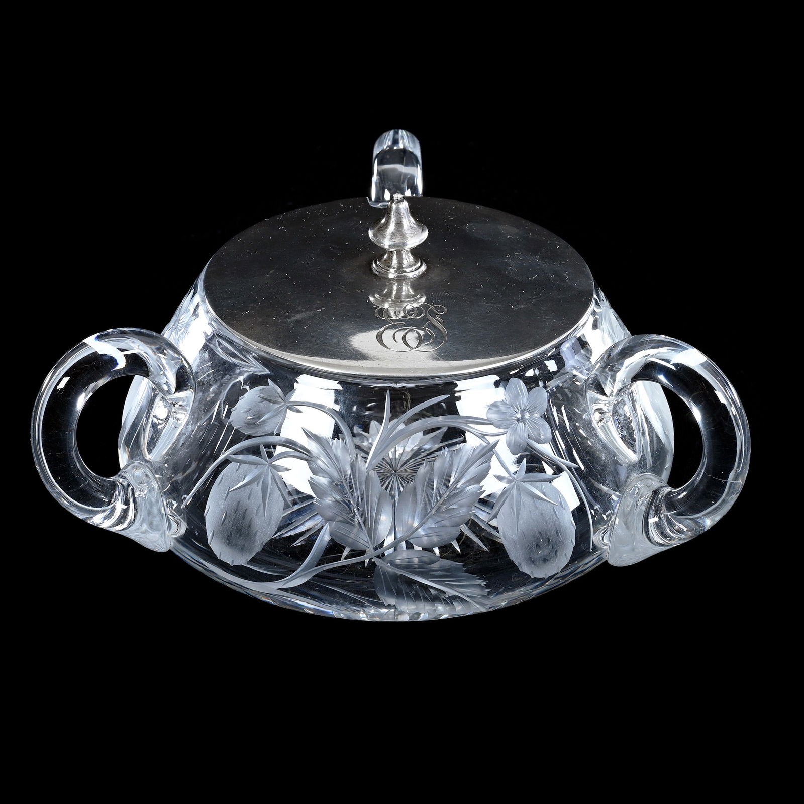 Covered Jam Jar, Three Handles, American Brilliant Cut Glass (1 of 3)