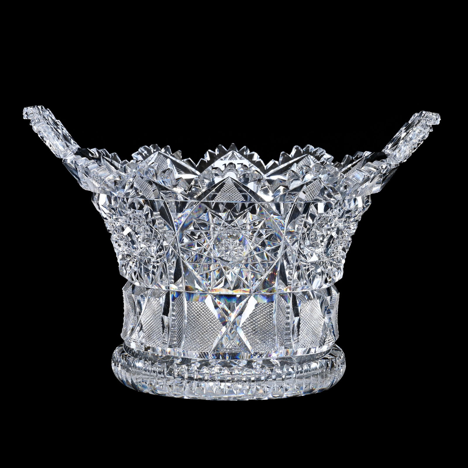 Ice Tub, Tab Handles, American Brilliant Cut Glass, Well Cut Panels Featuring Hobstar, Crosshatch,: Ice Tub, Tab Handles, American Brilliant Cut Glass, Well Cut Panels Featuring Hobstar, Crosshatch, Zipper & Miter, 6.5" x 10" x 8.25", Russian Cut Handles, Hobstar Base, Hard To See Pattern Bruise, Sh