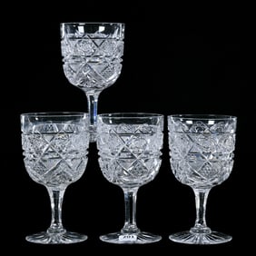(4) Goblets, American Brilliant Cut Glass, Marquis Pattern By J. Hoare