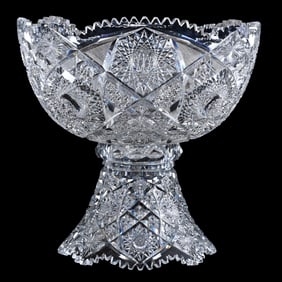 Punch Bowl, Two Part, American Brilliant Cut Glass, Well Cut Hobstar, Cane, Crosshatch & Star Motif