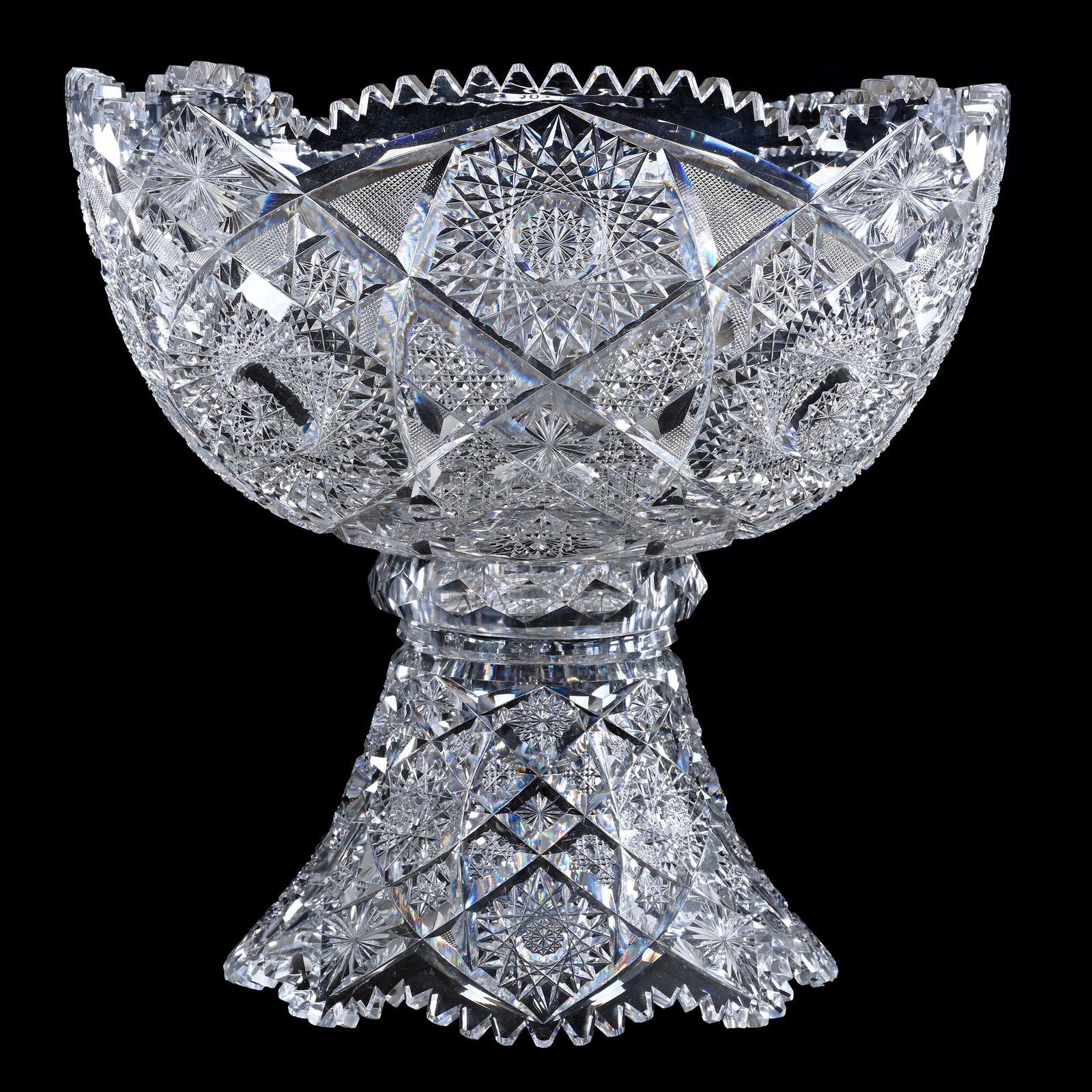 Punch Bowl, Two Part, American Brilliant Cut Glass, Well Cut Hobstar, Cane, Crosshatch & Star Motif (1 of 5)