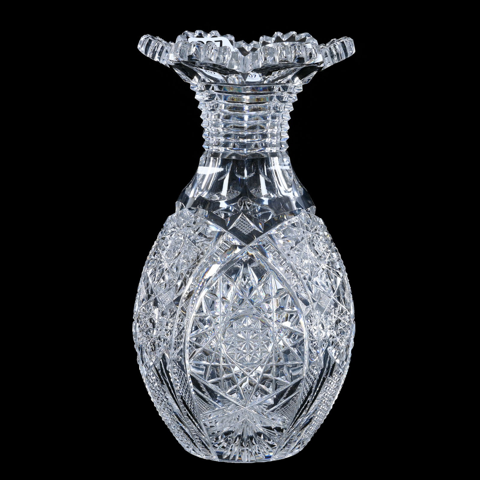 Vase, American Brilliant Cut Glass, Three Alternating Sections Of Hobstar, Arch, Nailhead Diamond,: Vase, American Brilliant Cut Glass, Three Alternating Sections Of Hobstar, Arch, Nailhead Diamond, Crosshatch, Prism & Fan, 8" x 4.25", Step Cut Neck, Ray Cut Base, Clear Blank, Tooth Chip, Sherri Sch