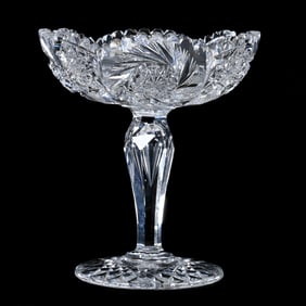 Square Compote, American Brilliant Cut Glass, Blown Mold With Pinwheel, Hobstar & Crosshatch Motif