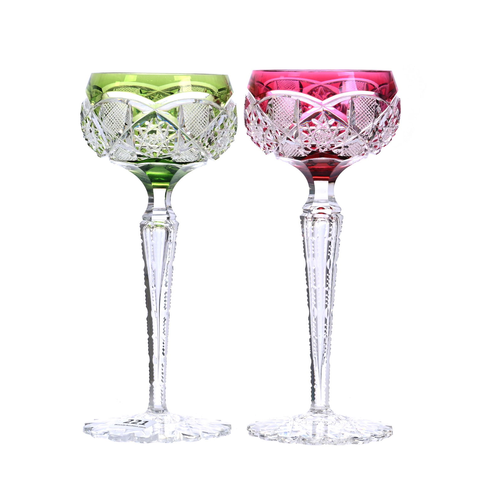 Pair Wine Stems, BPCG, Color Cut To Clear: Pair Wine Stems, BPCG, Color Cut To Clear, 7.75" x 3.25", Saarbrucken Pattern By Val St. Lambert, Circa 1905, (1) Green Cut To Clear, (1) Cranberry Cut To Clear, Scalloped Hobstar Feet, Sherri Schott
