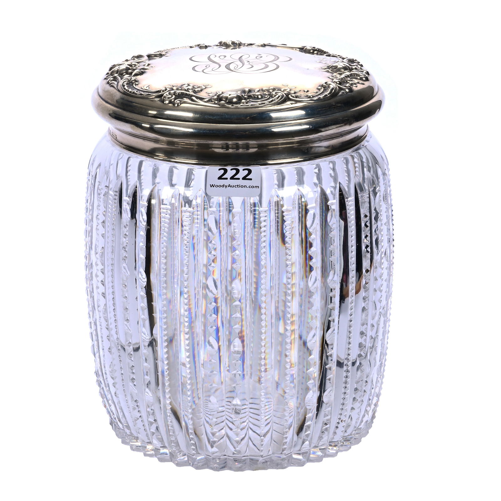 Humidor, American Brilliant Cut Glass, Prism Cut Body With Gorham #S2871 Marked Sterling Silver: Humidor, American Brilliant Cut Glass, Prism Cut Body With Gorham #S2871 Marked Sterling Silver Embossed Lid, 6.5" x 5.25", Ray Cut Base, Some Base Edge Chips, Georgia Private Collection.