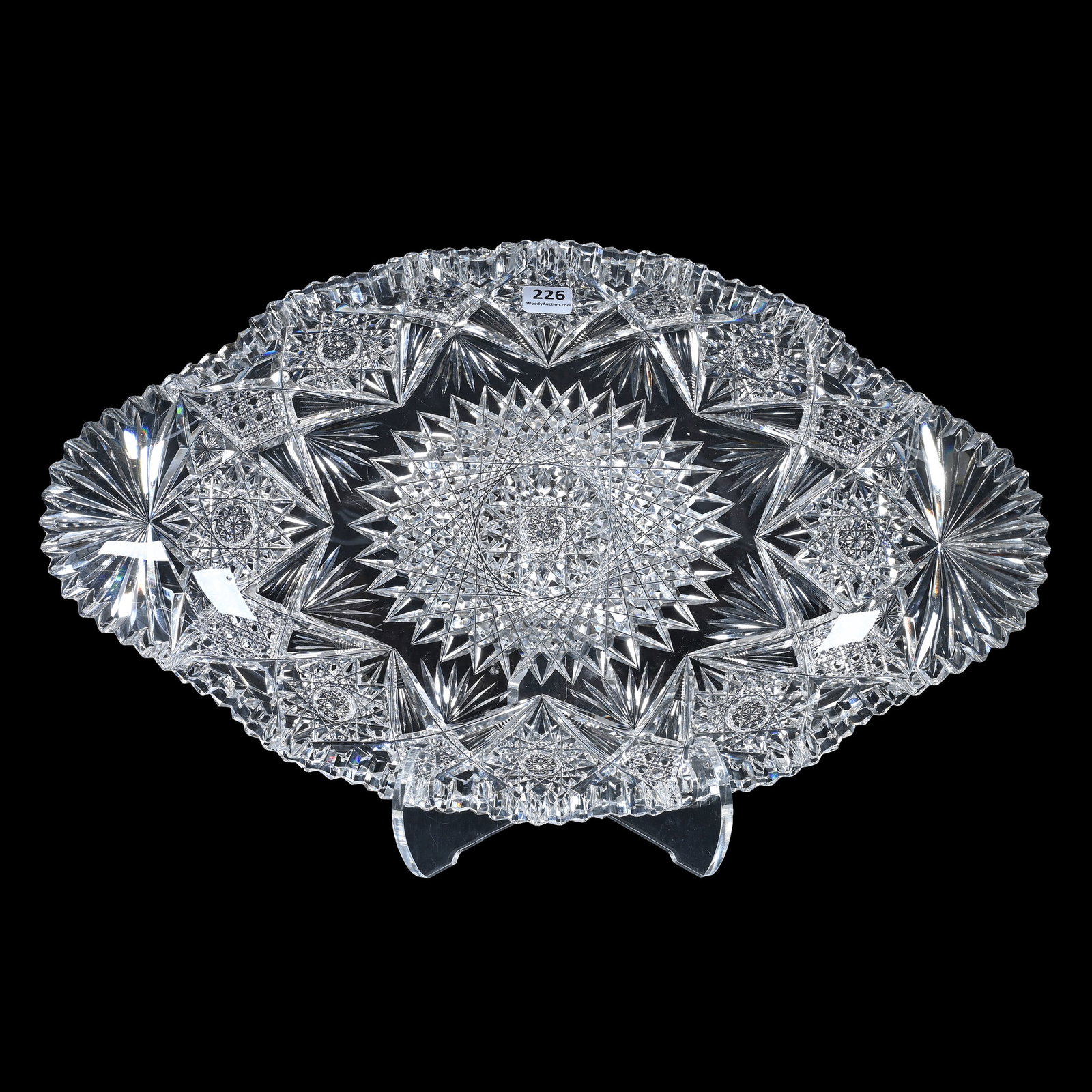 Ice Cream Tray, American Brilliant Cut Glass, Large Hobstar Center With Alternating Hobstar, Cane: Ice Cream Tray, American Brilliant Cut Glass, Large Hobstar Center With Alternating Hobstar, Cane And Fan Border, 17.5" x 10.25", Outside Rim Tooth Chip, Georgia Private Collection.