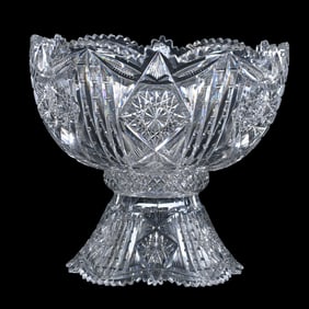 Punch Bowl, Two Part, American Brilliant Cut Glass, Signed Libbey New Brilliant Pattern