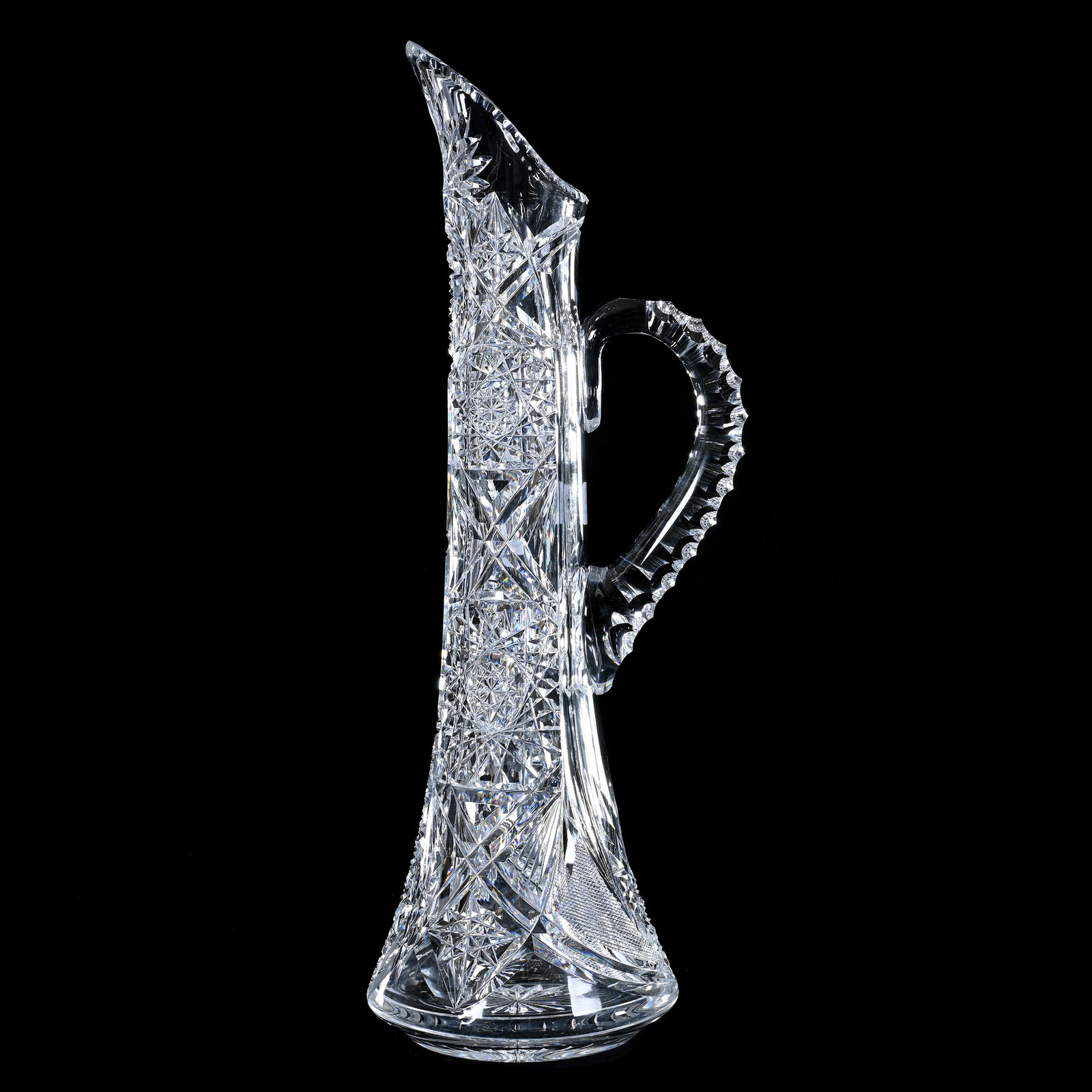 Champagne Tankard, BPCG, Hobstar, Crossed Bar, Quartered Diamond & Fan Motif: Champagne Tankard, BPCG, Hobstar, Crossed Bar, Quartered Diamond & Fan Motif, 16.25" x 5.5", Triple Notched Handle, Ray Cut Base, Attributed To Val St. Lambert, Fantastic Form, Georgia Private Collect