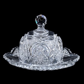 Butter Dish, Quarter Pound, American Brilliant Cut Glass, Hobstar With Split Kite, Prism And Star