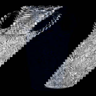 Vase, Two Handles, American Brilliant Cut Glass, Monarch Pattern By J. Hoare: Vase, Two Handles, American Brilliant Cut Glass, Monarch Pattern By J. Hoare, 12" x 8.25" x 6", Step Cut Neck, Triple Notched Handles, Ray Cut Base, Sherri Schott Collection, Kansas.