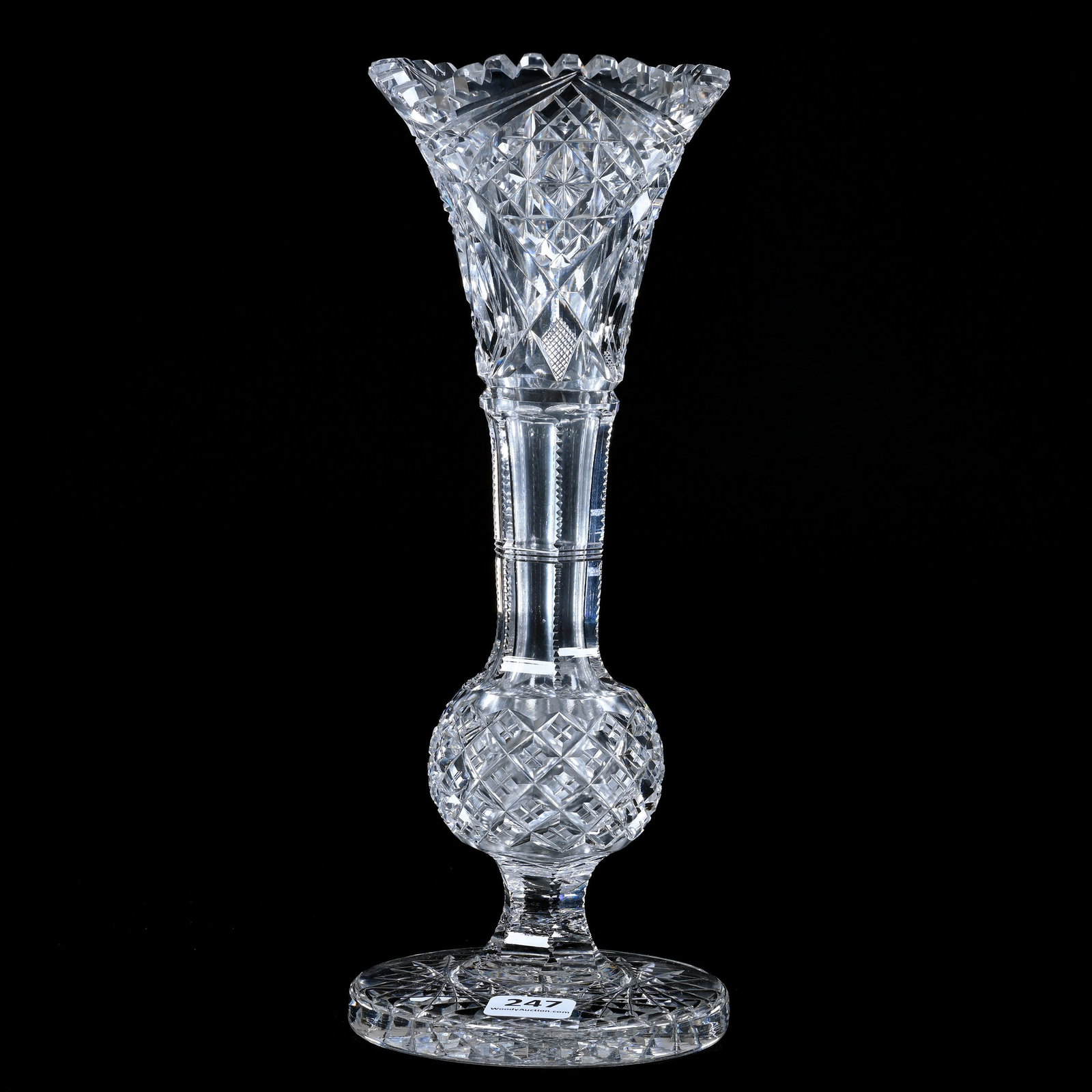 Pedestal Vase, American Brilliant Cut Glass, Signed J. Hoare, Hobstar, Crosshatch And Kite Motif: Pedestal Vase, American Brilliant Cut Glass, Signed J. Hoare, Hobstar, Crosshatch And Kite Motif, 10" x 4", Crosscut Diamond Knob Stem, Hobstar Foot, Sherri Schott Collection, Kansas.