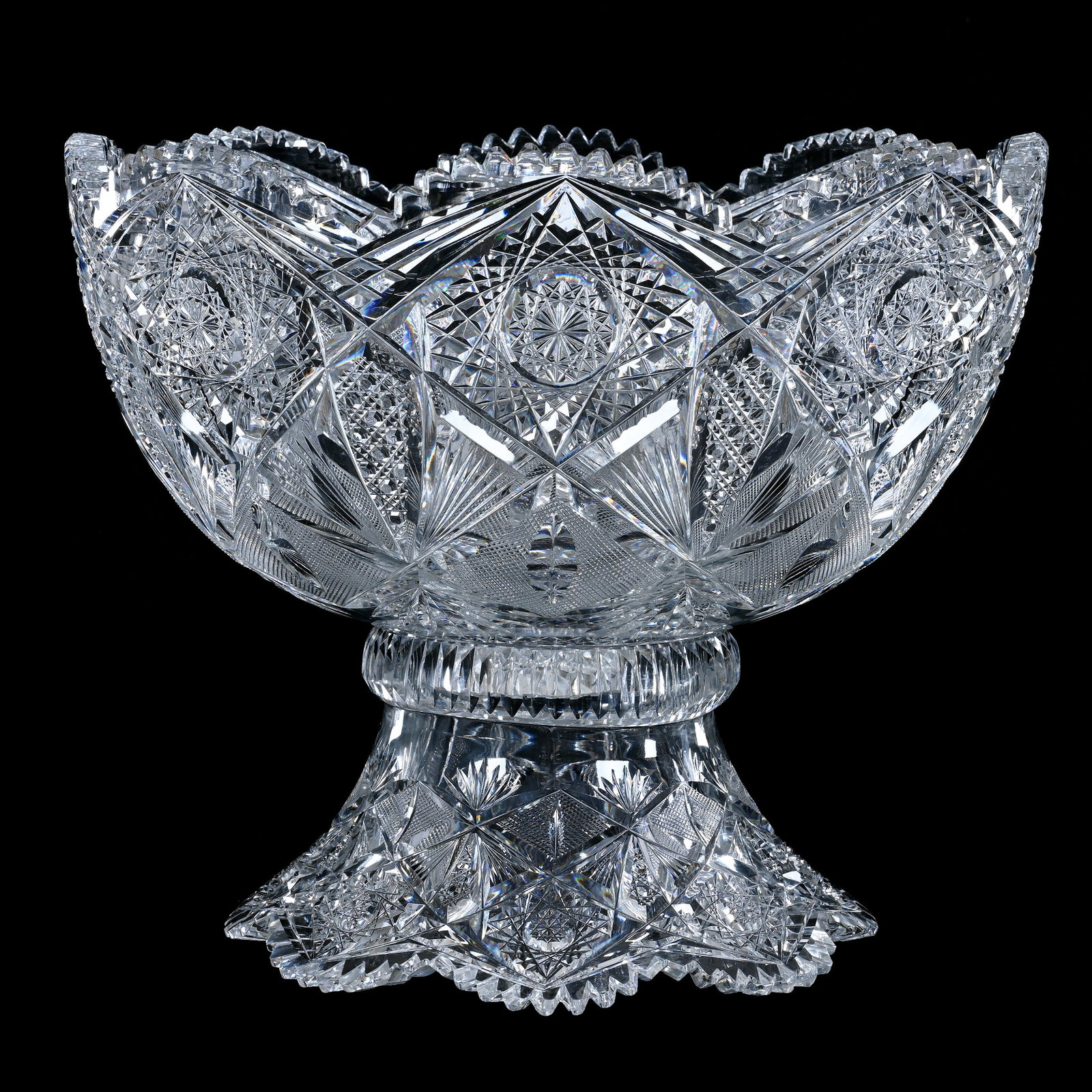 Punch Bowl, Two Part, American Brilliant Cut Glass, Rookwood Pattern By J. Hoare: Punch Bowl, Two Part, American Brilliant Cut Glass, Rookwood Pattern By J. Hoare, 12" x 14.25", Quality Blank, Total Weight Of 25 Pounds, Tooth Chip On Bowl, Georgia Private Collection.