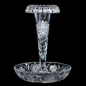 Epergne, Single Lily, American Brilliant Cut Glass, Engraved Floral Design, Rolled Rim