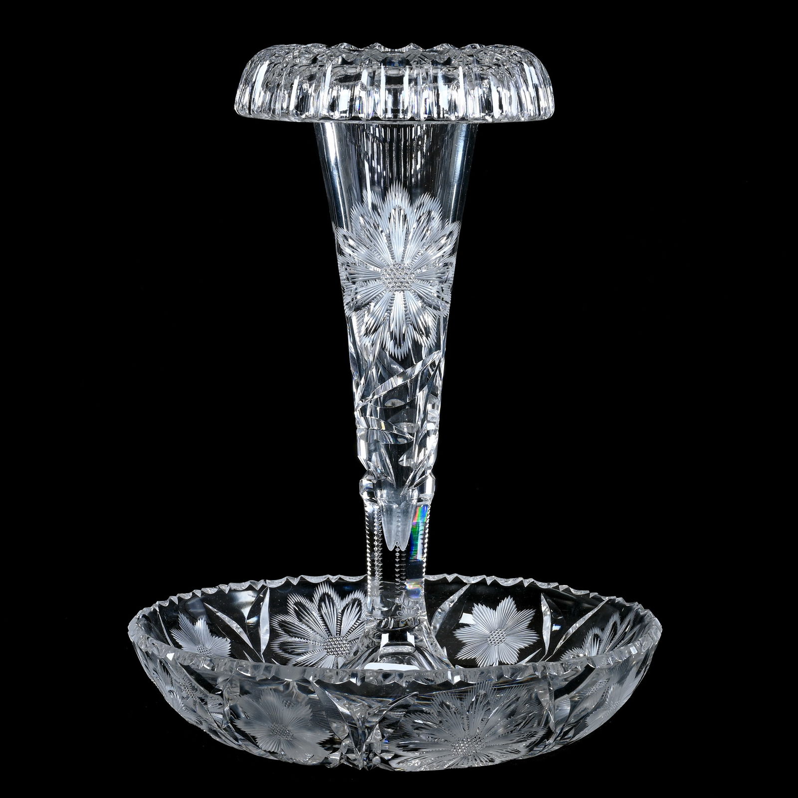 Epergne, Single Lily, American Brilliant Cut Glass, Engraved Floral Design, Rolled Rim (1 of 3)