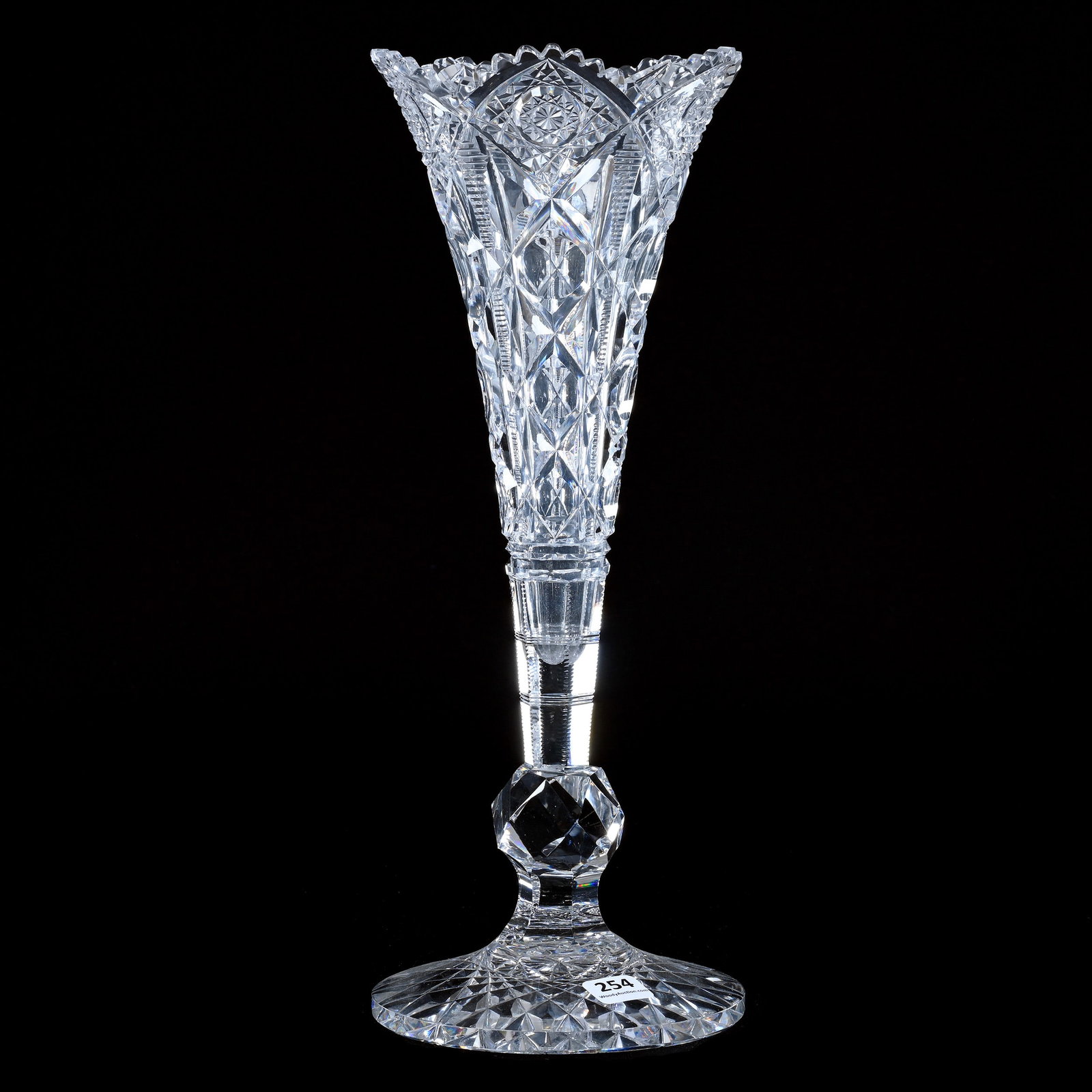 Trumpet Vase, American Brilliant Cut Glass, Signed Hawkes Navarre Pattern: Trumpet Vase, American Brilliant Cut Glass, Signed Hawkes Navarre Pattern, 13.75" x 5.5", Facet Cut Knob Stem, Hobstar Foot, Georgia Private Collection.