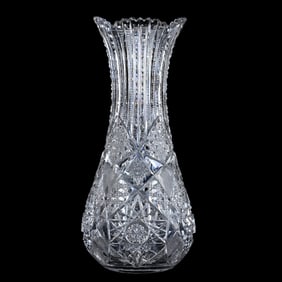 Vase, American Brilliant Cut Glass, Hobstar, Cane, Vesica, Crosshatch, Prism And Star Motif