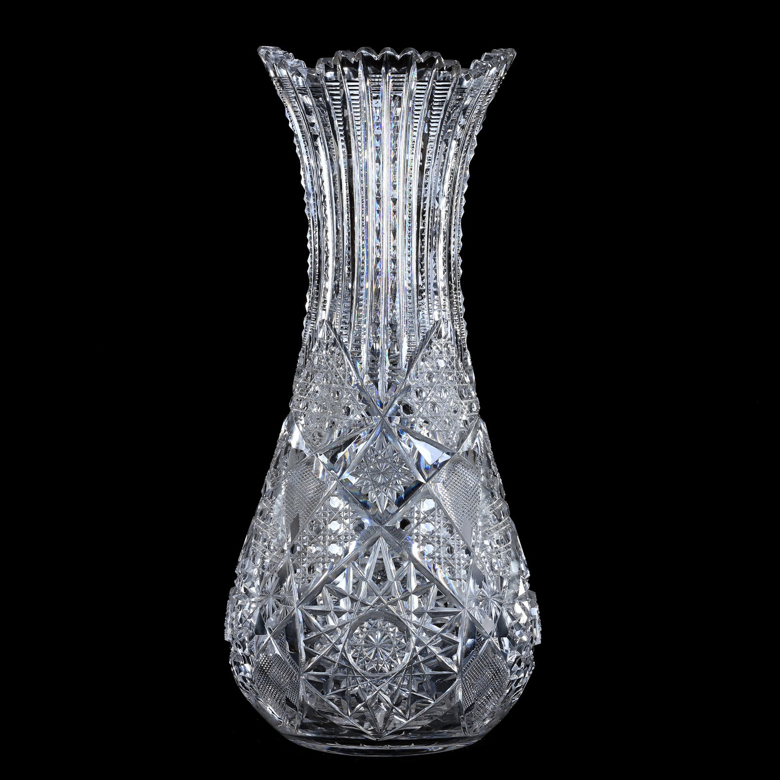 Vase, American Brilliant Cut Glass, Hobstar, Cane, Vesica, Crosshatch, Prism And Star Motif: Vase, American Brilliant Cut Glass, Hobstar, Cane, Vesica, Crosshatch, Prism And Star Motif, 12" x 5.5", Ray Cut Base, Sherri Schott Collection, Kansas.