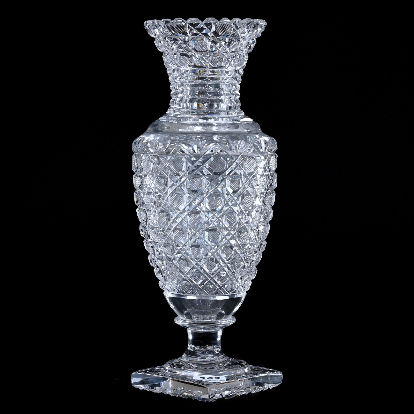 Pedestal Vase, American Brilliant Cut Glass, Harvard Pattern, Also Known As Cane Pattern: Pedestal Vase, American Brilliant Cut Glass, Harvard Pattern, Also Known As Cane Pattern, 10.25" x 4", Step Cut Neck, Pattern Cut Rim, Square Pattern Cut Foot, Sherri Schott Collection, Kansas.