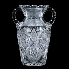 Vase, Two Handles, American Brilliant Cut Glass, Monarch Pattern By J. Hoare