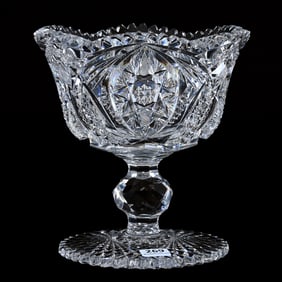 Pedestal Fruit Bowl, American Brilliant Cut Glass, Vesica Shaped Flashed Hobstars With Cane,