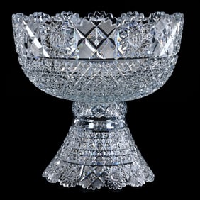 Punch Bowl, Two Part, American Brilliant Cut Glass, Arcadia Pattern By Sterling Cut Glass