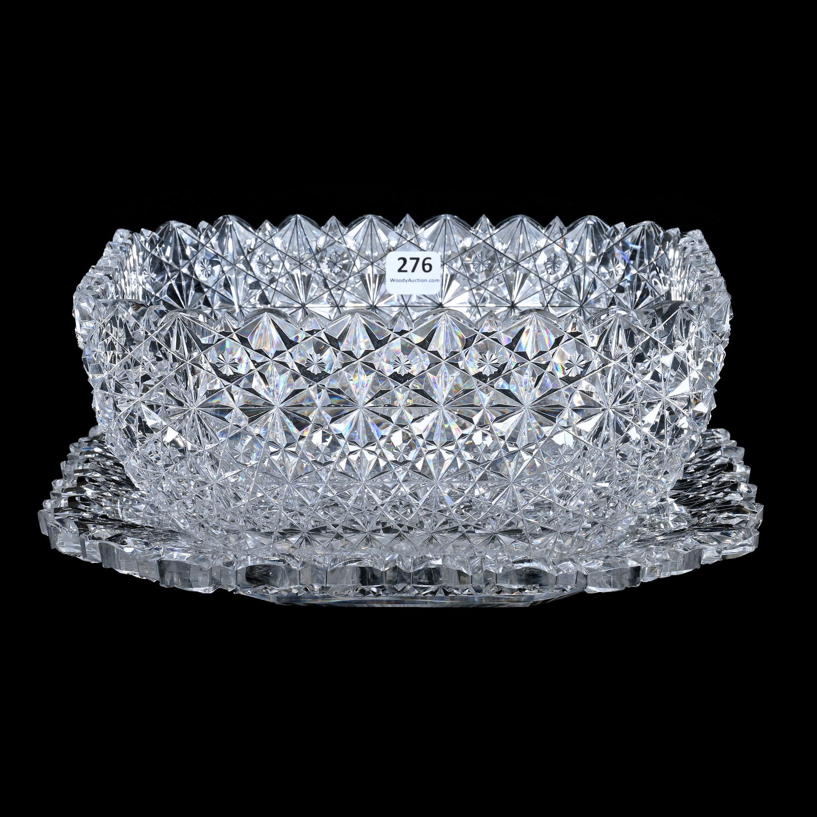 Square Salad Bowl & Underplate, American Brilliant Cut Glass, Russian Pattern With Star Cut Buttons (1 of 3)