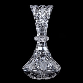 Vase, American Brilliant Cut Glass, Diamond And Crosshatch Pattern With Pattern Cut Ring Neck