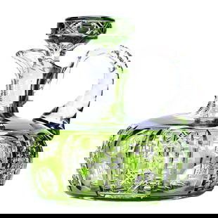 Ship's Decanter, American Brilliant Cut Glass, Green Cut To Clear Montrose Pattern By Dorflinger: Ship's Decanter, American Brilliant Cut Glass, Green Cut To Clear Montrose Pattern By Dorflinger, 6.75" x 6.25", Pattern Cut Stopper, Hobstar Base, Mike & Sandra Hackney, Georgia.