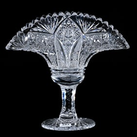 Pedestal Fan Vase, American Brilliant Cut Glass, Hobstar, Vesica, Crosshatch, Quarter Diamond,