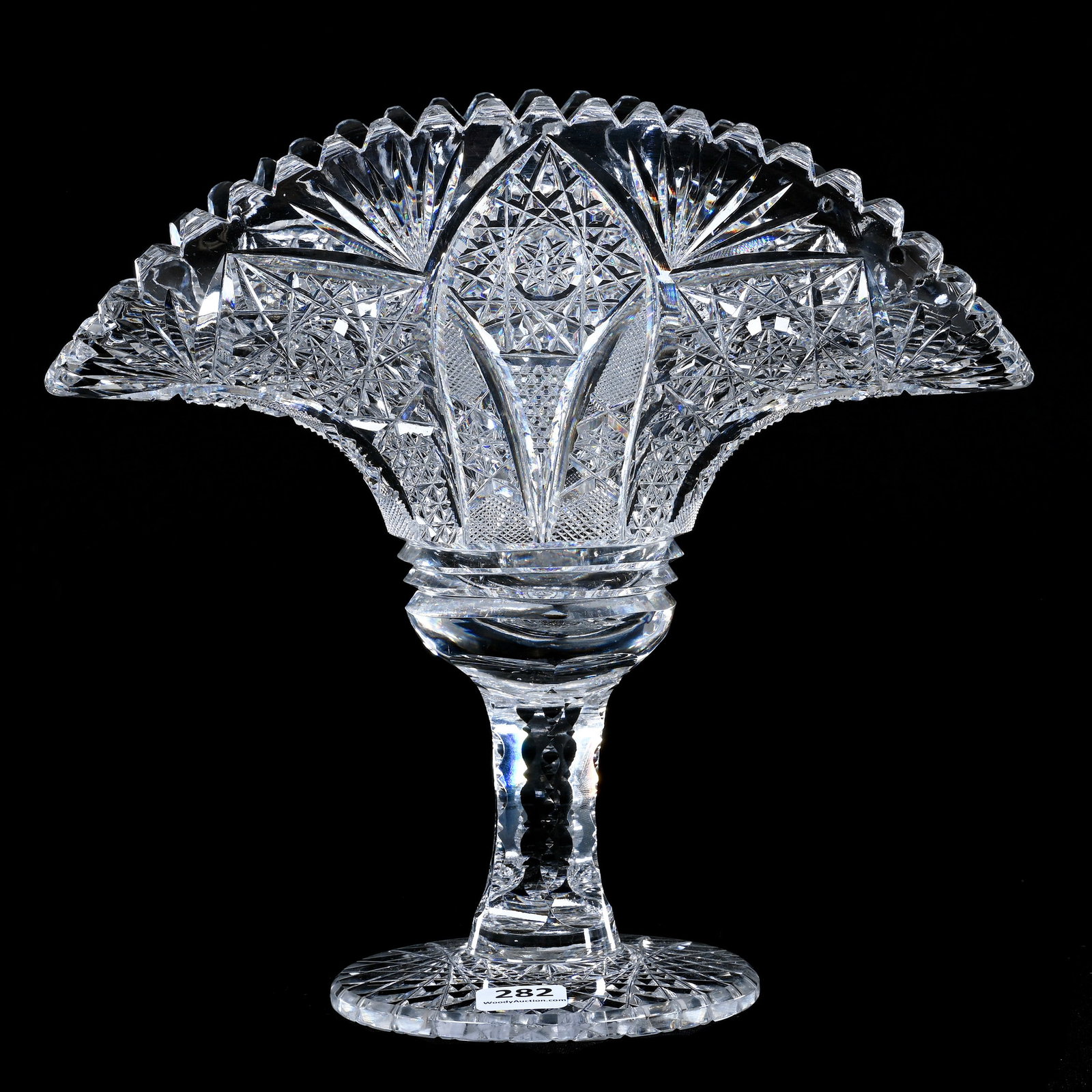 Pedestal Fan Vase, American Brilliant Cut Glass, Hobstar, Vesica, Crosshatch, Quarter Diamond,: Pedestal Fan Vase, American Brilliant Cut Glass, Hobstar, Vesica, Crosshatch, Quarter Diamond, Nailhead Diamond & Fan, 9" x 9.75" x 4.5", Solid Notched Stem, Hobstar Foot, Tooth Polished, Georgia Priv