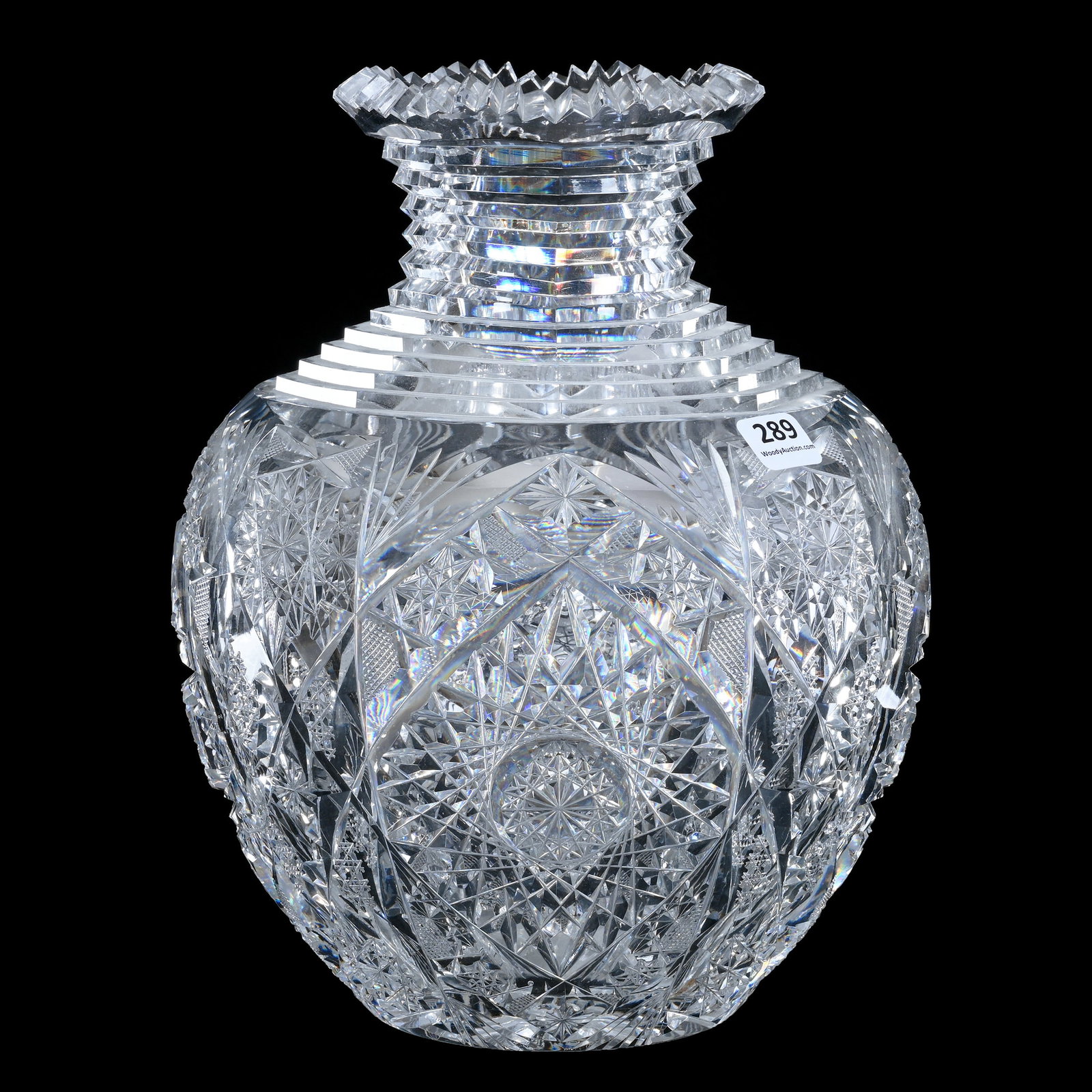 Bulbous Vase, American Brilliant Cut Glass, Hobstar, Crosshatch, Cane, Star And Fan Motif: Bulbous Vase, American Brilliant Cut Glass, Hobstar, Crosshatch, Cane, Star And Fan Motif, 10.25" x 8", Step Cut Neck, Ray Cut Base, Total Weight Of Over 10 Pounds, Sherri Schott Collection, Kansas.