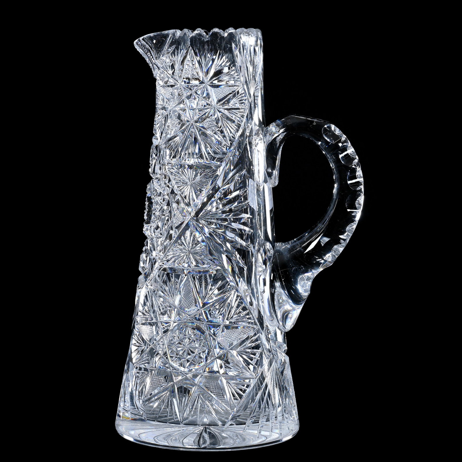 Tankard, American Brilliant Cut Glass, Hobstar, Flashed Hobstar, Crosshatch And Fan Motif: Tankard, American Brilliant Cut Glass, Hobstar, Flashed Hobstar, Crosshatch And Fan Motif, 10" x 5.5", Double Notched Handle, Ray Cut Base, Sherri Schott Collection, Kansas.