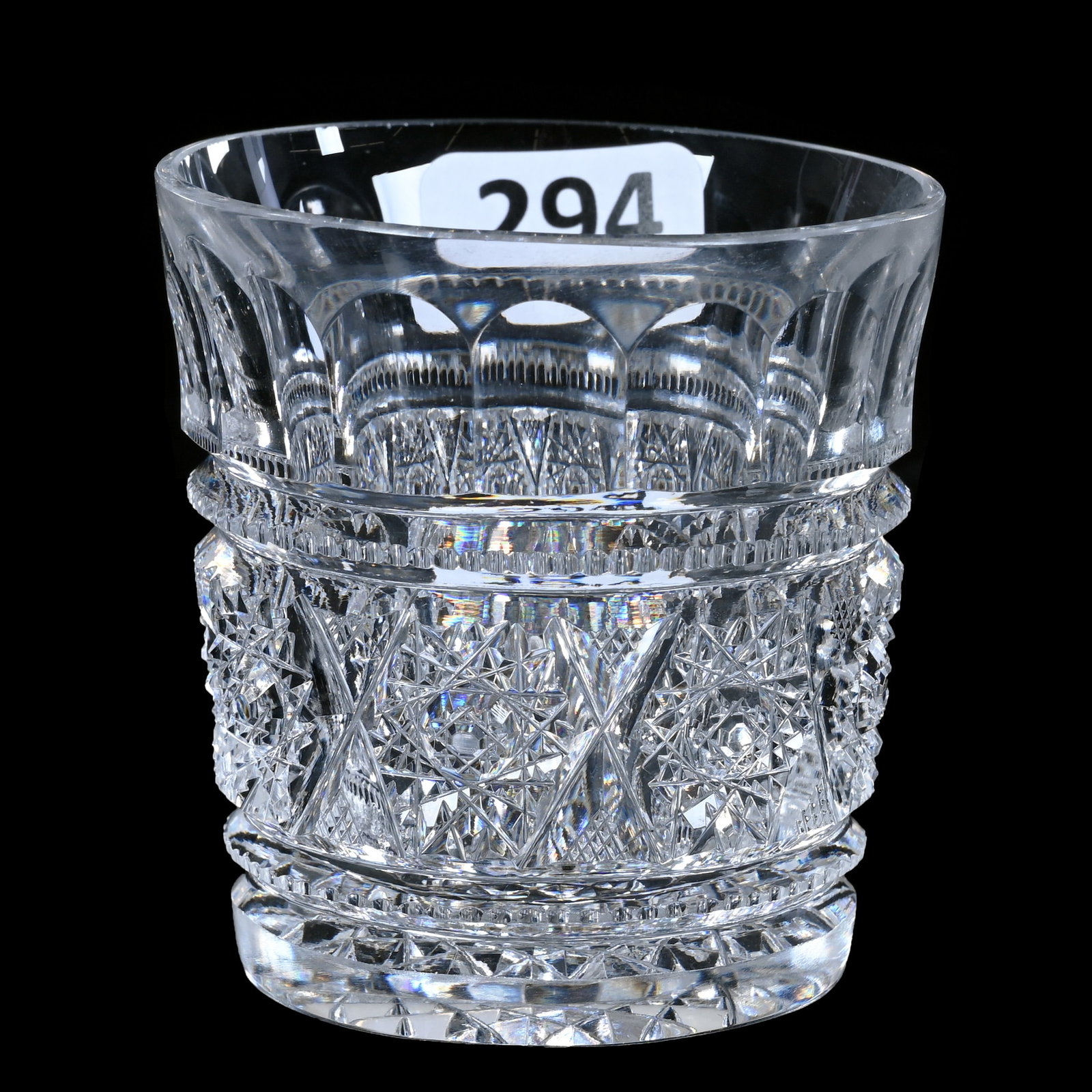 Double Shot Whiskey Tumbler, American Brilliant Cut Glass, Aberdeen Pattern By Jewel Cut Glass: Double Shot Whiskey Tumbler, American Brilliant Cut Glass, Aberdeen Pattern By Jewel Cut Glass, 2.25" x 2.25", Hobstar Base, Nice Example, Georgia Private Collection.