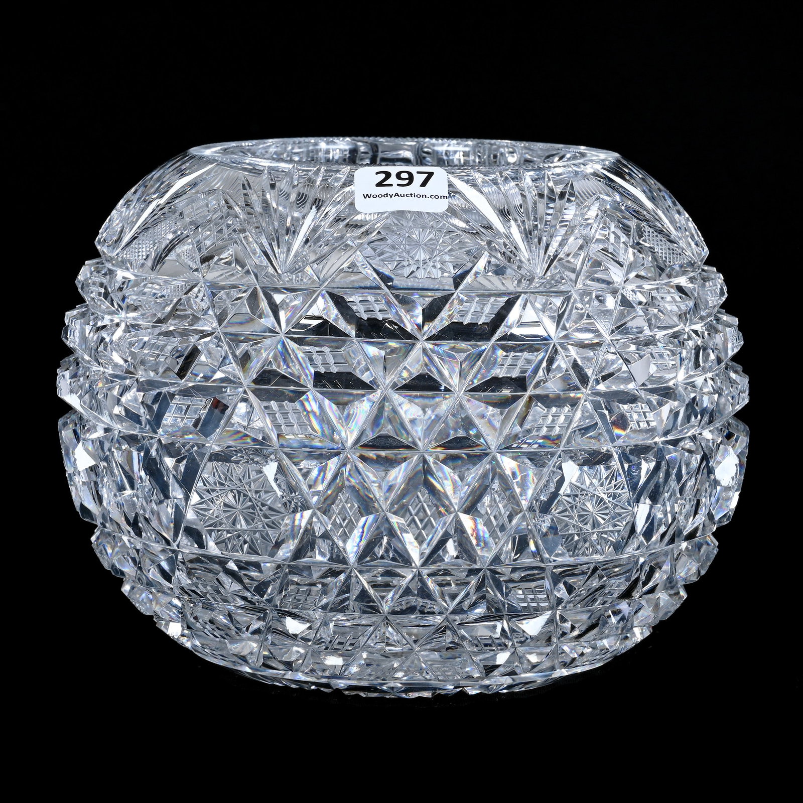 Rose Bowl, American Brilliant Cut Glass, Wonderfully Cut Hobstar, Diamond, Crosscut Diamond & Fan: Rose Bowl, American Brilliant Cut Glass, Wonderfully Cut Hobstar, Diamond, Crosscut Diamond & Fan Motif, 5.25" x 6.75", Flashed Hobstar Base, Quality Blank, Sherri Schott Collection, Kansas.