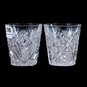 Pair Whiskey Tumblers, American Brilliant Cut Glass, Hobstar, Crosshatch, Zipper, Cane & Fan Motif