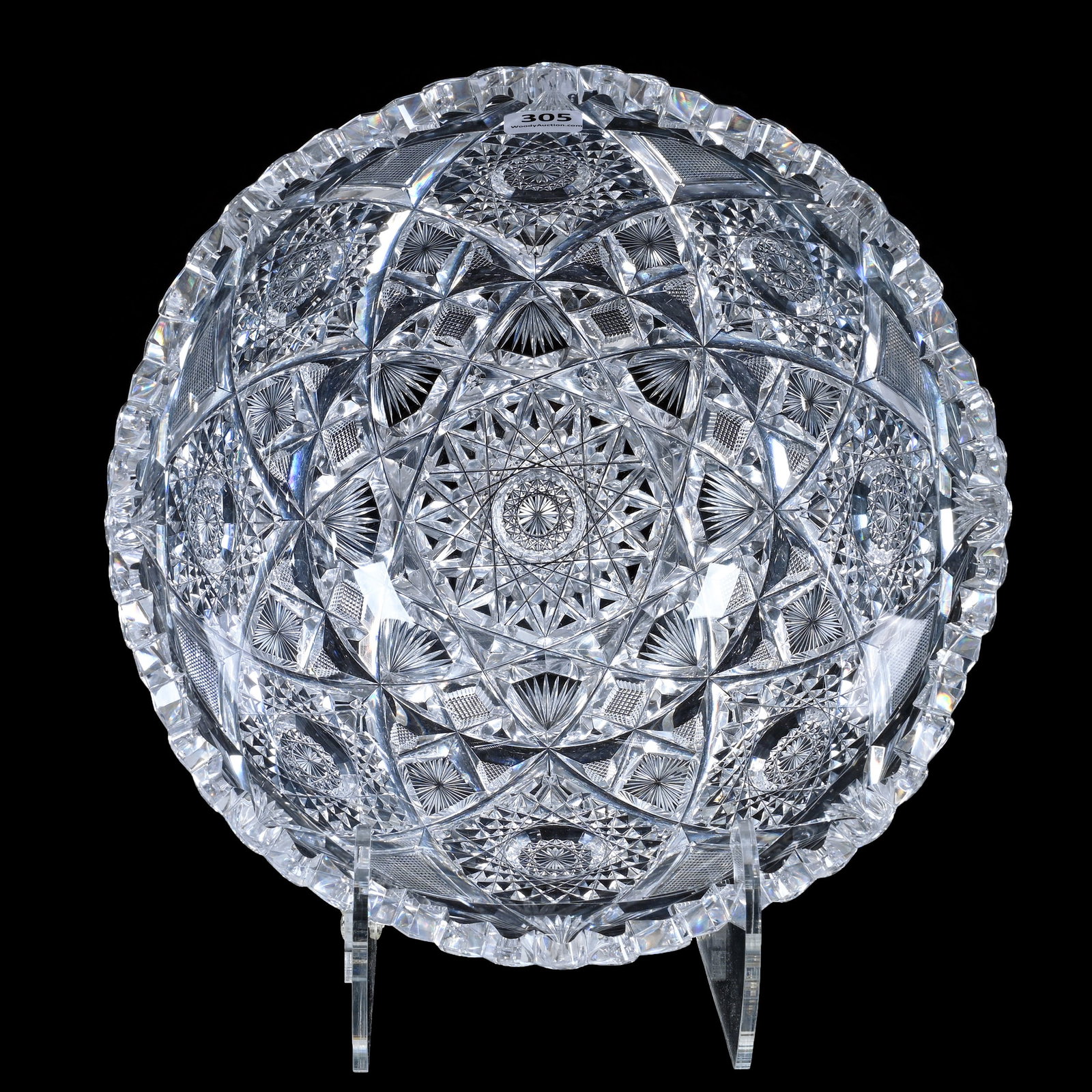 Bowl, American Brilliant Cut Glass, Hobstar, Vesica, Crosshatch And Fan Motif: Bowl, American Brilliant Cut Glass, Hobstar, Vesica, Crosshatch And Fan Motif, 5" x 10", Nice Quality, Pattern Chips, Sherri Schott Collection, Kansas.