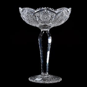 Compote, American Brilliant Cut Glass, Four Alternating Sections Of Hobstar And Cane Motif