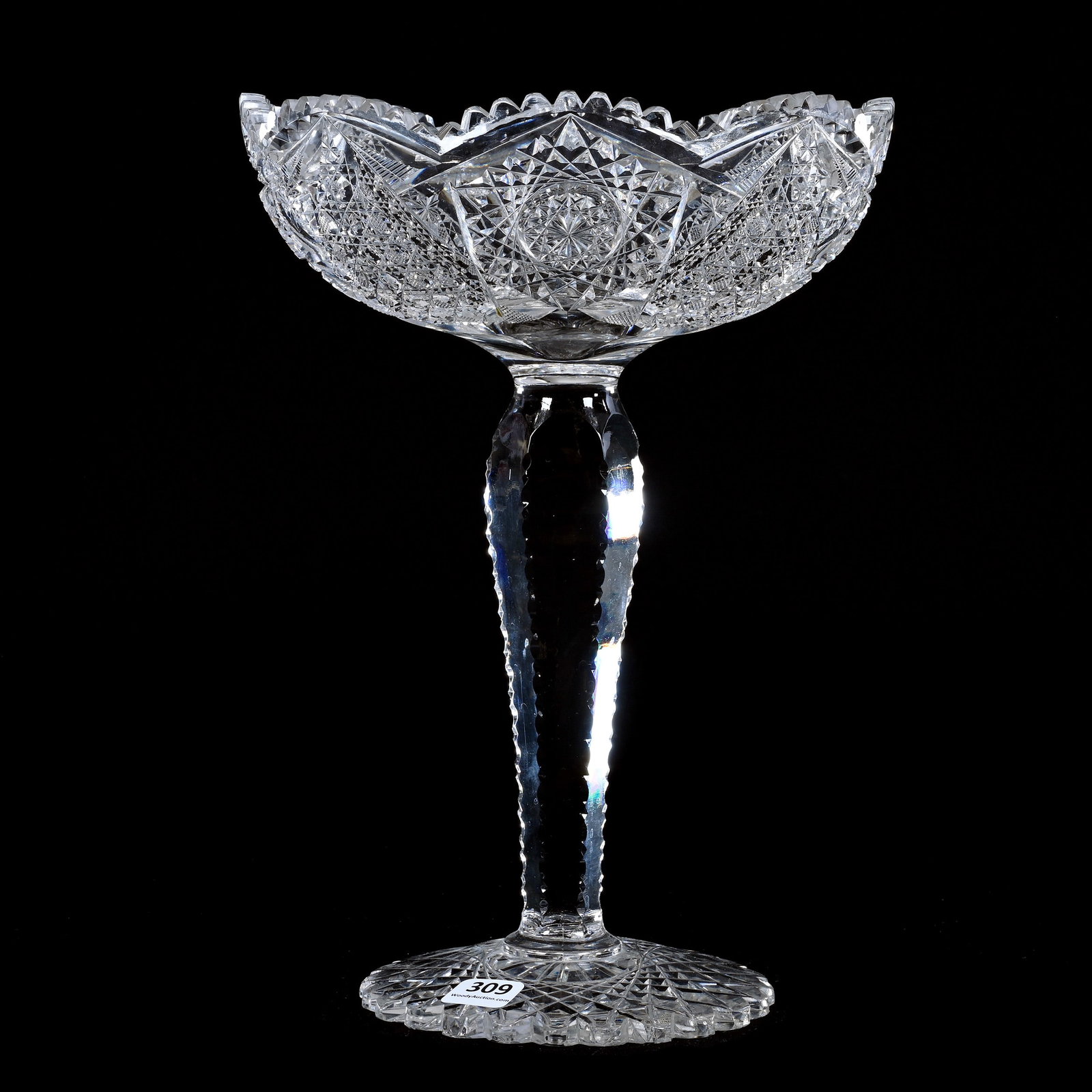 Compote, American Brilliant Cut Glass, Four Alternating Sections Of Hobstar And Cane Motif: Compote, American Brilliant Cut Glass, Four Alternating Sections Of Hobstar And Cane Motif, 11" x 8", Solid Notched Stem, Scalloped Hobstar Foot, Tooth Chip, Sherri Schott Collection, Kansas.