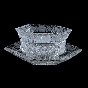 Six-Sided Mayonnaise And Underplate, American Brilliant Cut Glass, Signed Tuthill Rosacea Pattern