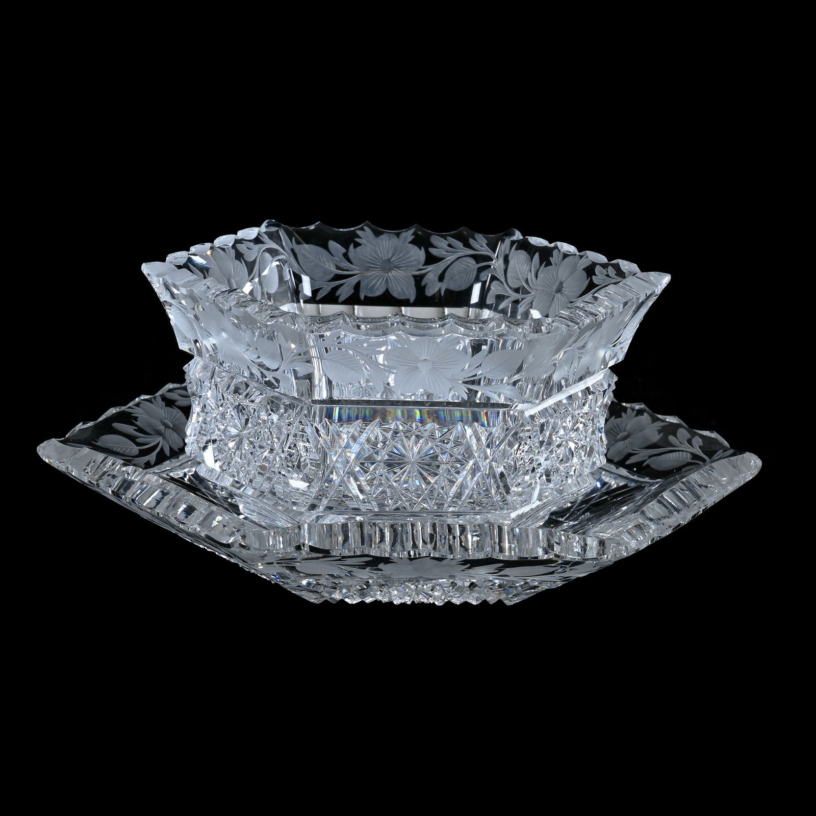 Six-Sided Mayonnaise And Underplate, American Brilliant Cut Glass, Signed Tuthill Rosacea Pattern (1 of 4)