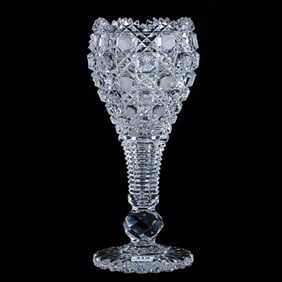 Chalice Vase, American Brilliant Cut Glass, Harvard Pattern With Step Cut And Faceted Cut Knob Stem