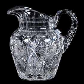 Pitcher, American Brilliant Cut Glass, Hobstar, Cane, Crosshatch, Miter, And Fan Motif