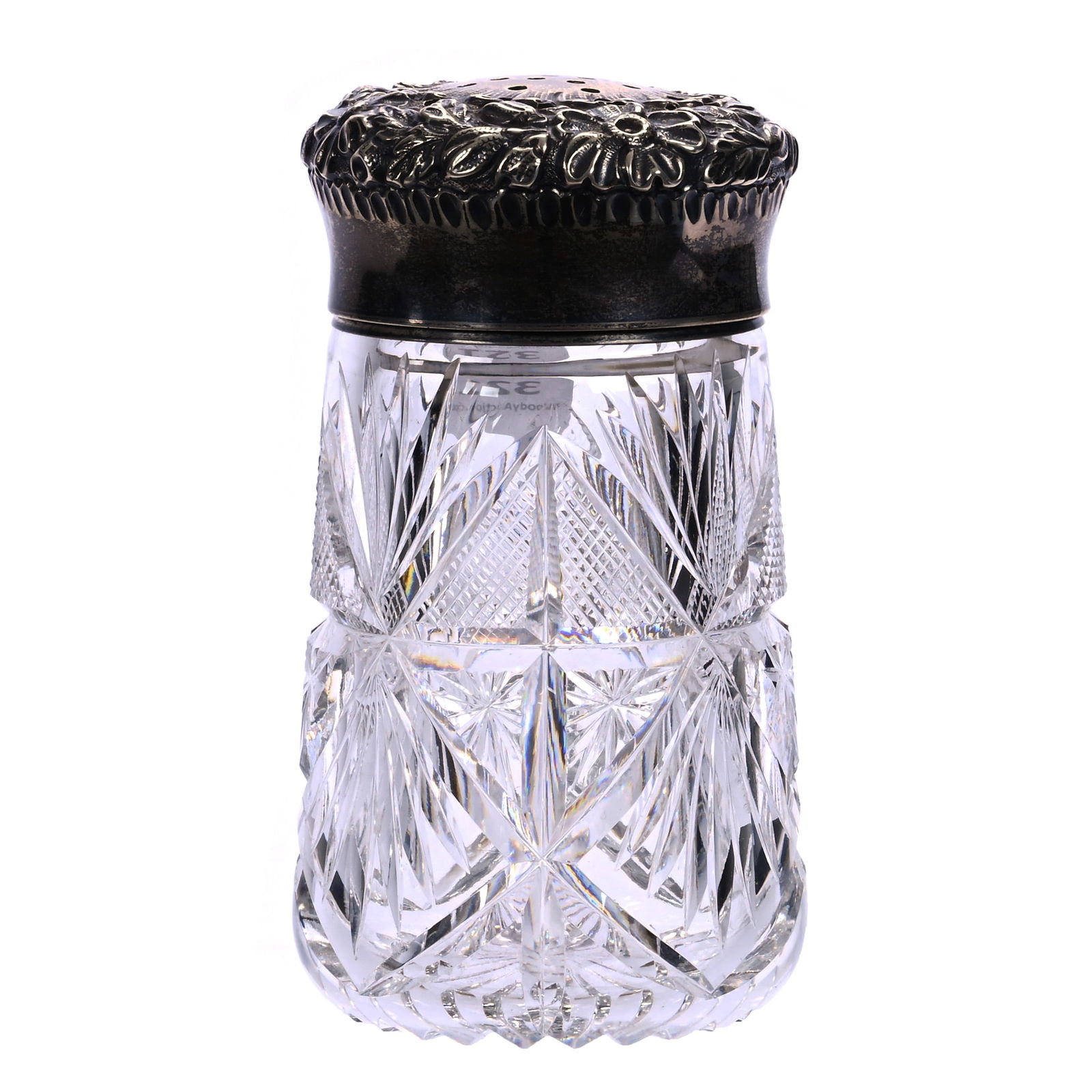 Sugar Shaker, American Brilliant Cut Glass, Quartered Diamond With Cross Hatch, Star, And Fan: Sugar Shaker, American Brilliant Cut Glass, Quartered Diamond With Cross Hatch, Star, And Fan Highlights, 4.75" x 2.75", Elaborate Sterling Silver Top Marked International Silver Company, Sherri Schot