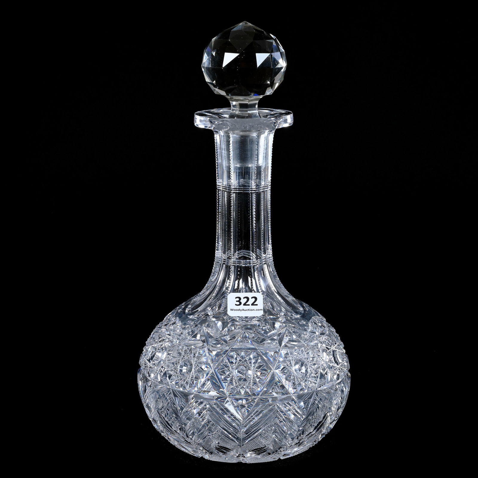 Decanter, American Brilliant Cut Glass, Fern Pattern By Ohio Cut Glass: Decanter, American Brilliant Cut Glass, Fern Pattern By Ohio Cut Glass, 11" x 5.5", Faceted Cut Gem Shaped Stopper, Mike & Sandra Hackney, Georgia.