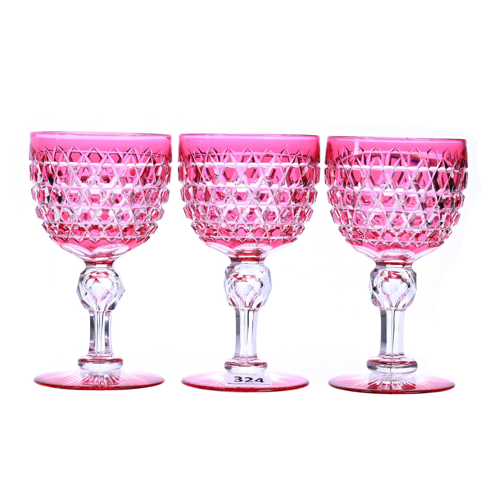 (3) Wine Stems, American Brilliant Cut Glass, Hob Diamond Pattern By Dorflinger, Cranberry Cut To: (3) Wine Stems, American Brilliant Cut Glass, Hob Diamond Pattern By Dorflinger, Cranberry Cut To Clear, 4.75" x 2.625", Colored Ray-Cut Foot, Mike & Sandra Hackney, Georgia.