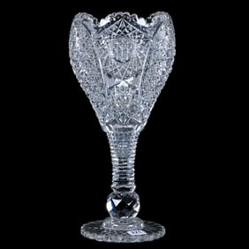 Chalice Vase, American Brilliant Cut Glass, Alternating Patterns Of Cane And Hobstar Motif
