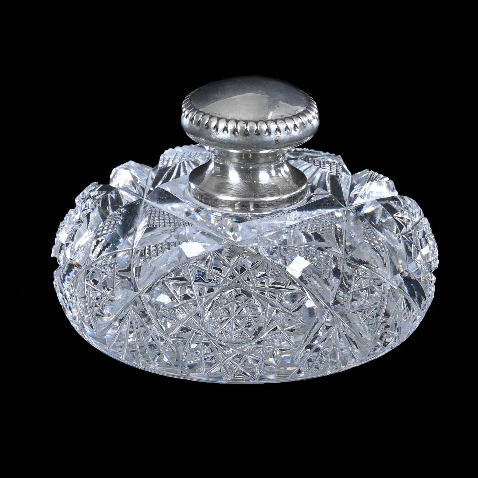 Paper Weight, American Brilliant Cut Glass, Hobstar, Cross Hatch, And Fan Motif: Paper Weight, American Brilliant Cut Glass, Hobstar, Crosshatch, And Fan Motif, 2" x 3.25", Sterling Silver Finial, Hobstar Base, Mike & Sandra Hackney, Georgia.