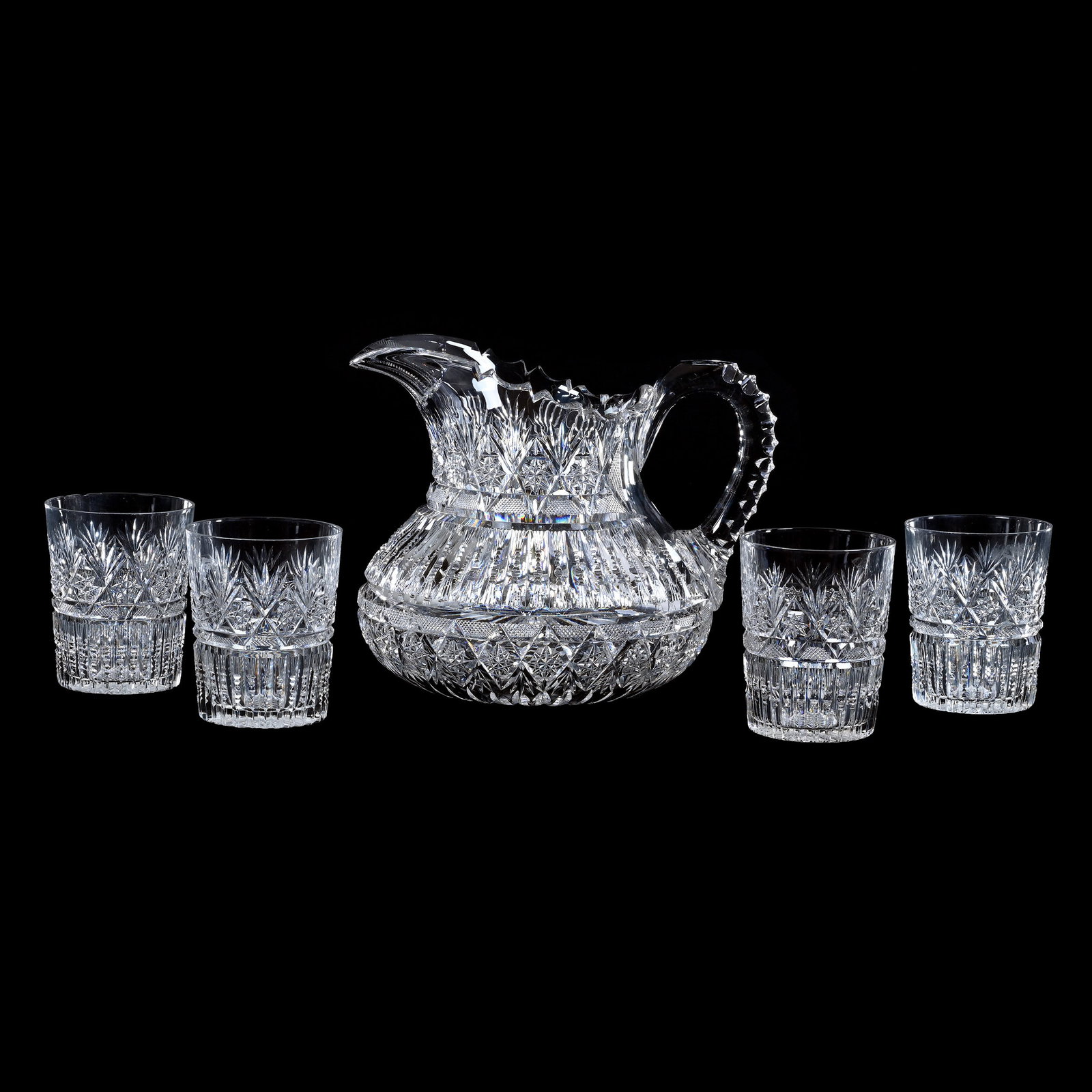 Water Set, American Brilliant Cut Glass, Aurora Borealis Pattern By Pitkin & Brooks: Water Set, American Brilliant Cut Glass, Aurora Borealis Pattern By Pitkin & Brooks, (4) 3.75" Tumblers, One Tumbler Has Chip, Sherri Schott Collection, Kansas.