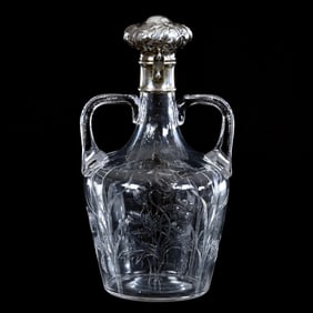 Two Handled Lockable Decanter Trophy, American Brilliant Cut Glass, Engraved Poppy And Wheat/Barley