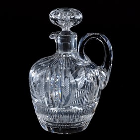 Whiskey Jug, American Brilliant Cut Glass, Signed Hawkes, Engraved Wheat/Barley With Prism And Miter